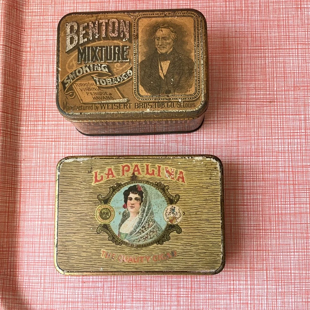 Set of two vintage antique metal cigar tobacco boxes tins advertising tobacciana